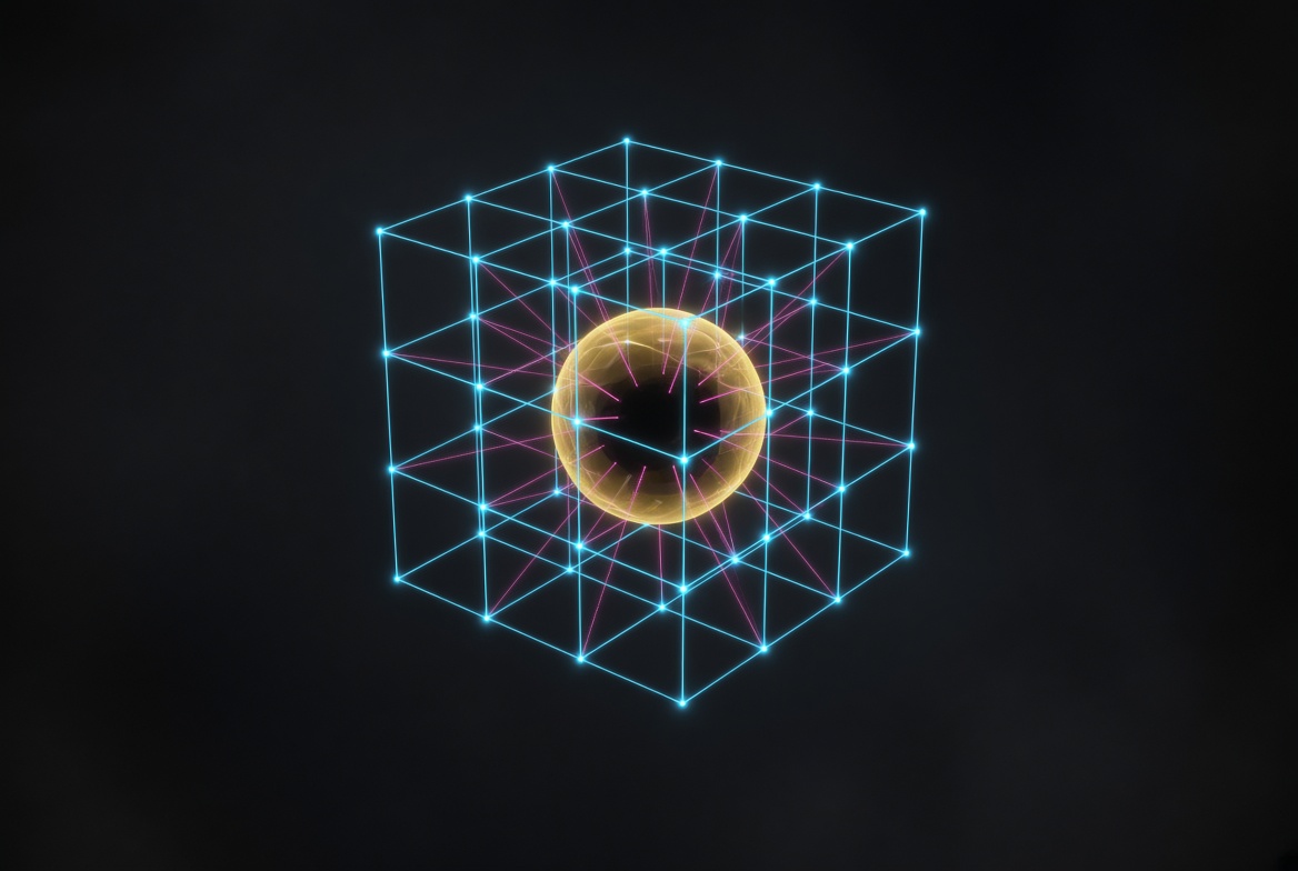 4 by 4 by 4 lattice cube with a radial ray from the core
